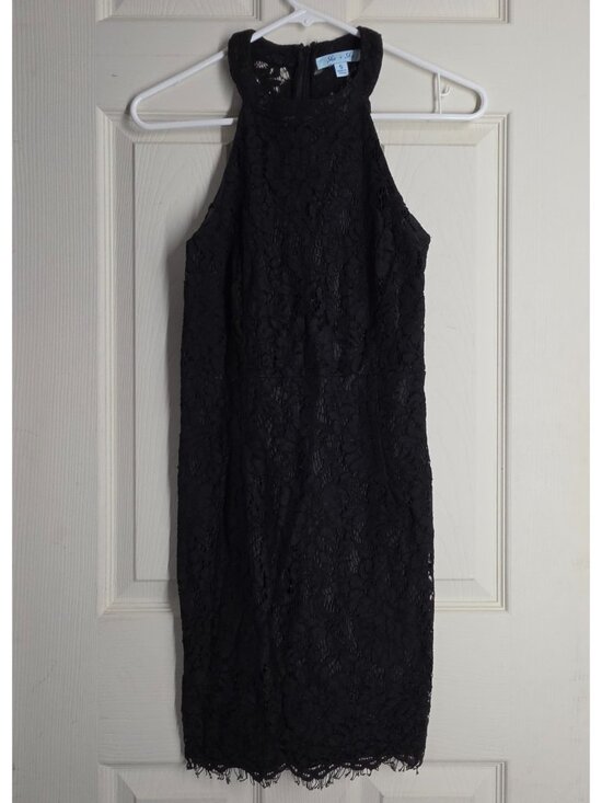 She + Sky Dresses & Skirts - She+Sky Black Crochet Lace Dress Small Mock Neck Fringe Hem Boho Gothic Cocktail